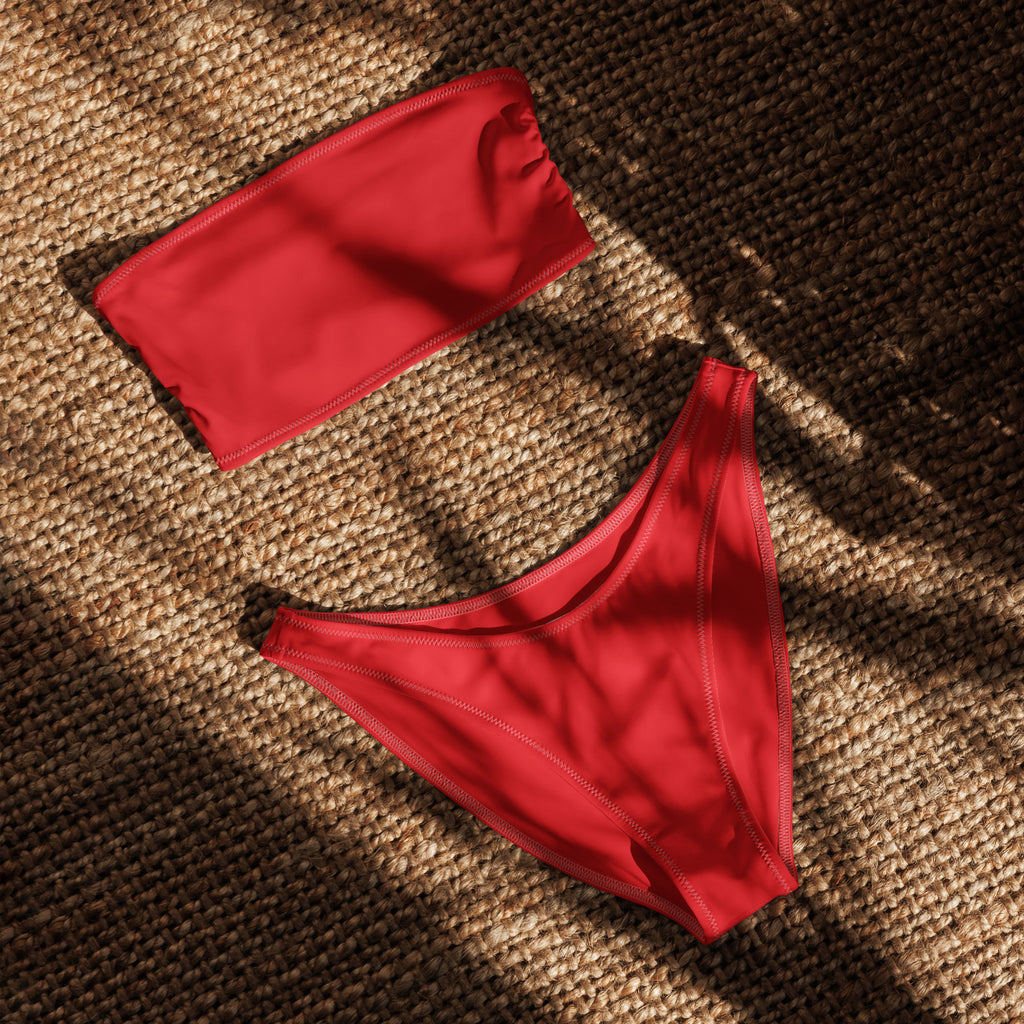 Women’s red recycled bandeau bikini set with vibrant strapless top and high-cut bottoms in quick drying fabric upf 50+