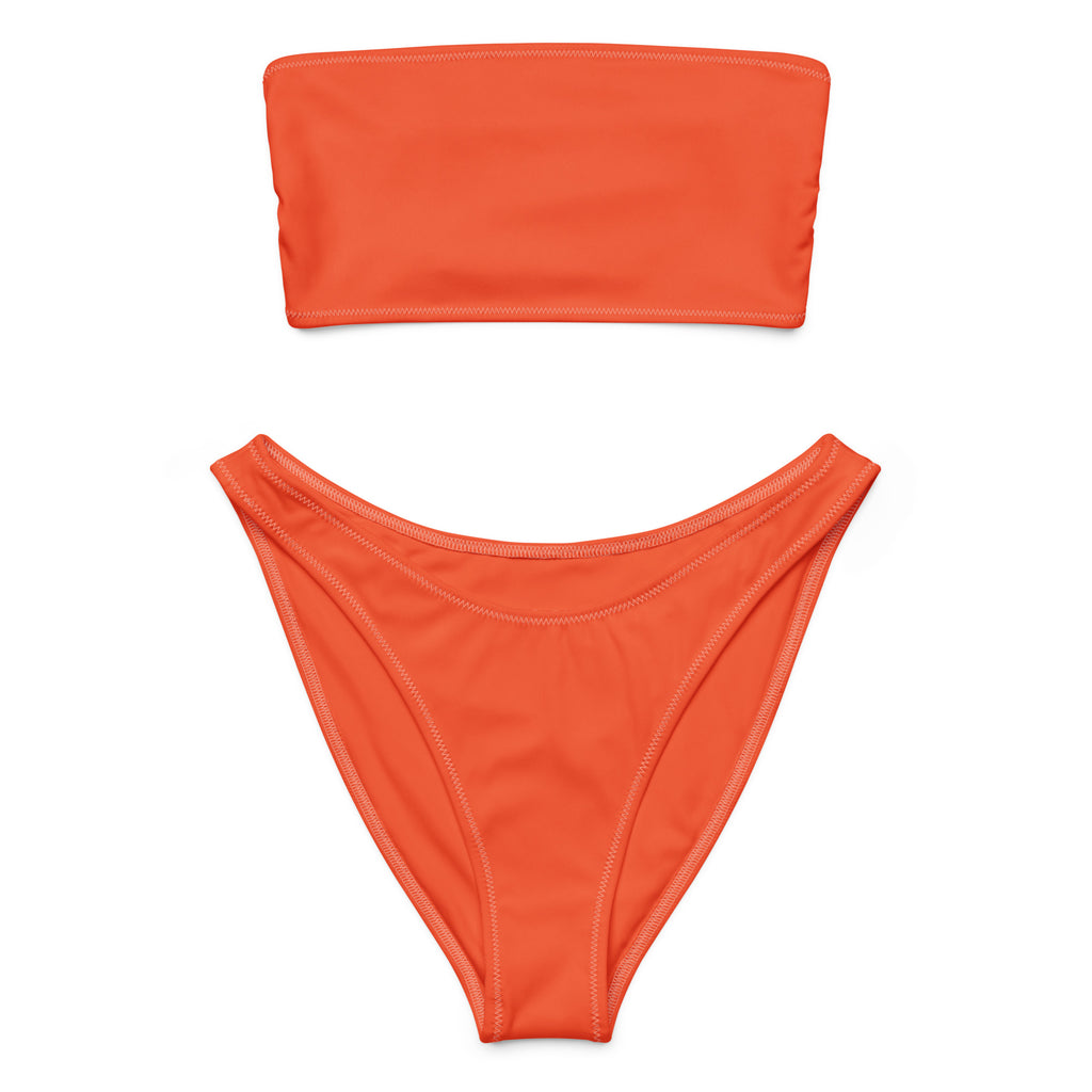 Women’s orange recycled bandeau bikini set with high-cut bottom made from quick drying fabric with UPF 50+ protection