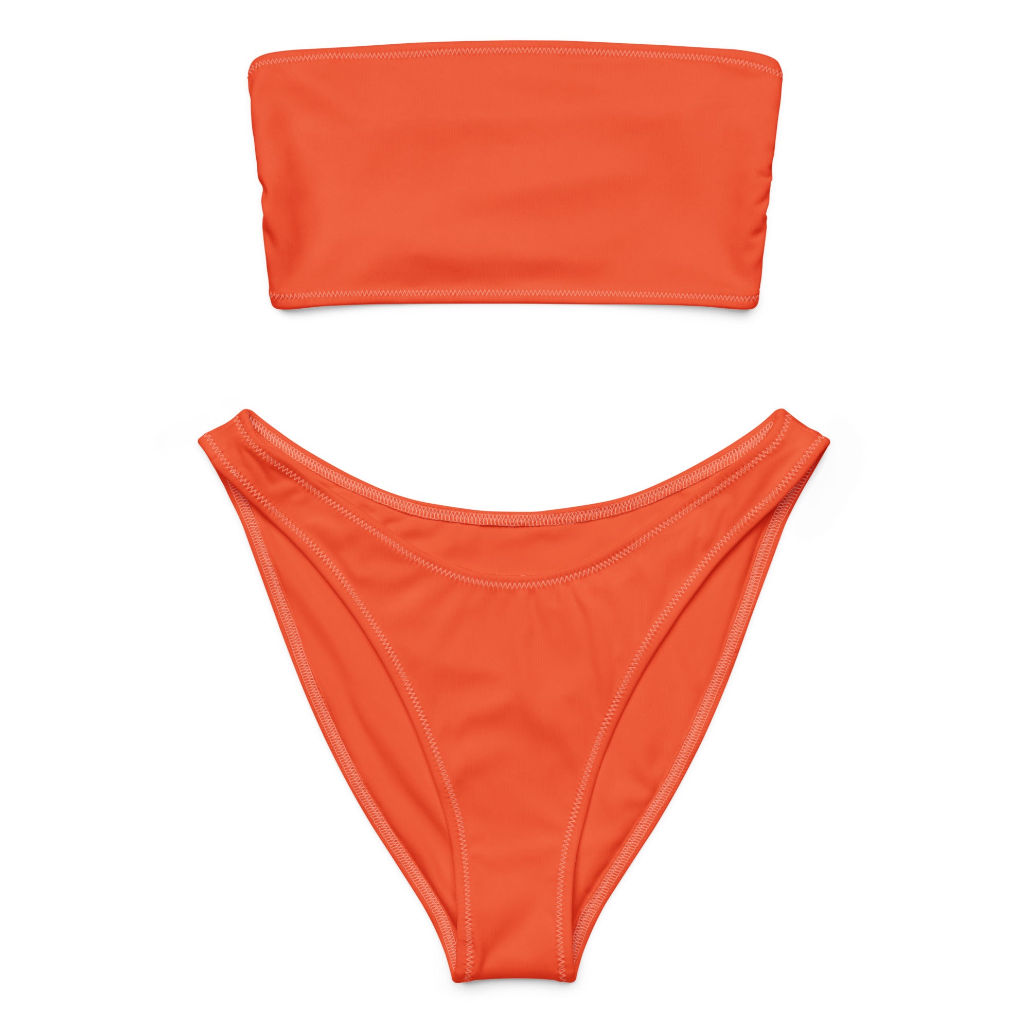 Women’s orange recycled bandeau bikini set with high-cut bottom made from quick drying fabric with UPF 50+ protection