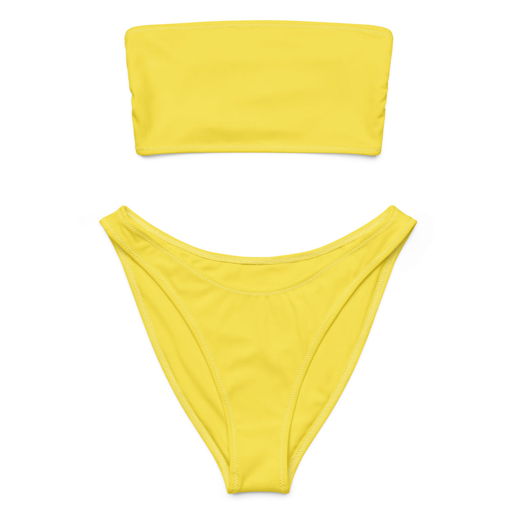 Women’s yellow recycled bandeau bikini set with high-cut bottom made of quick drying fabric with upf 50 plus protection