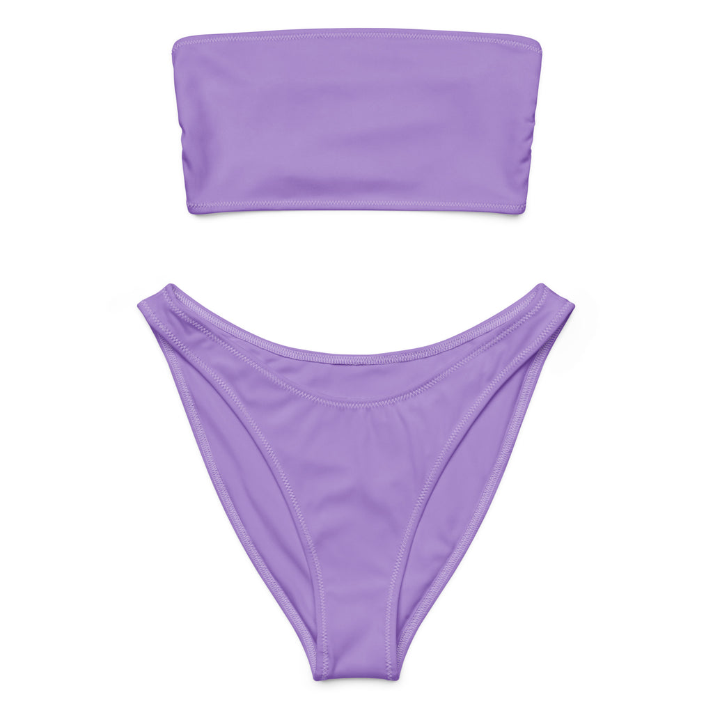 Women’s lavender purple recycled bandeau bikini set with quick drying fabric and UPF 50 plus high cut bottoms