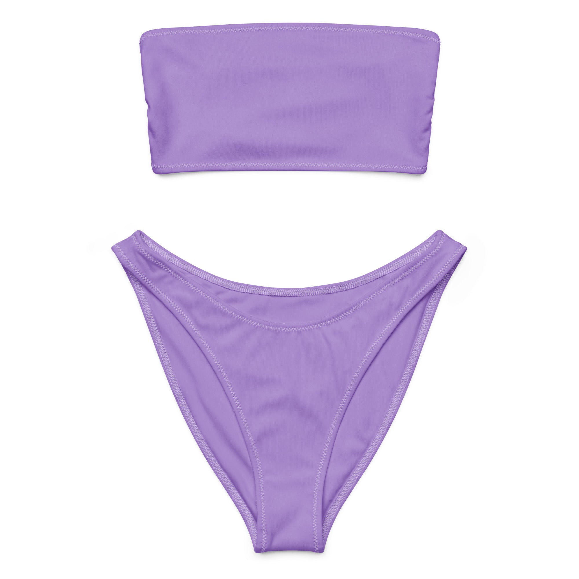 Women’s lavender purple recycled bandeau bikini set with quick drying fabric and UPF 50 plus high cut bottoms