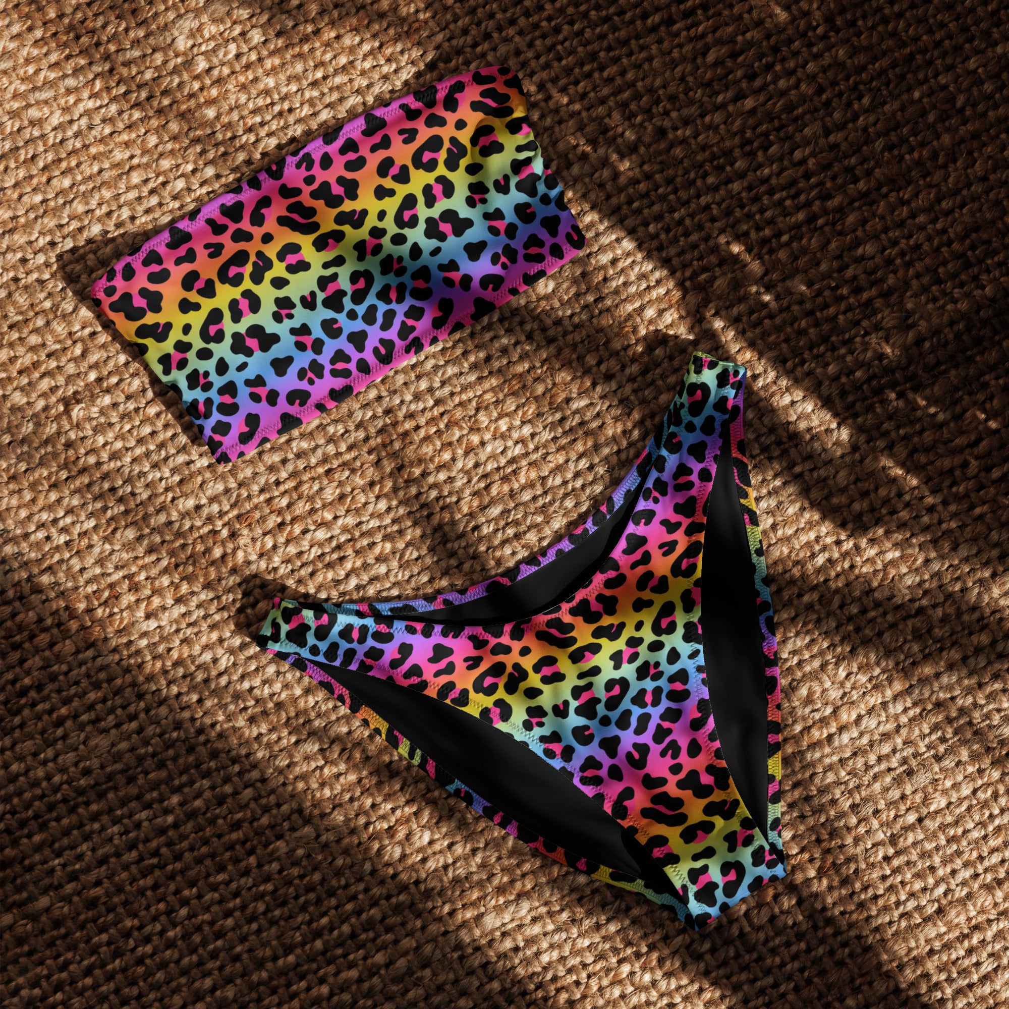 Women's Rainbow Leopard Recycled Bandeau Bikini - Quick Drying Fabric With UPF 50+