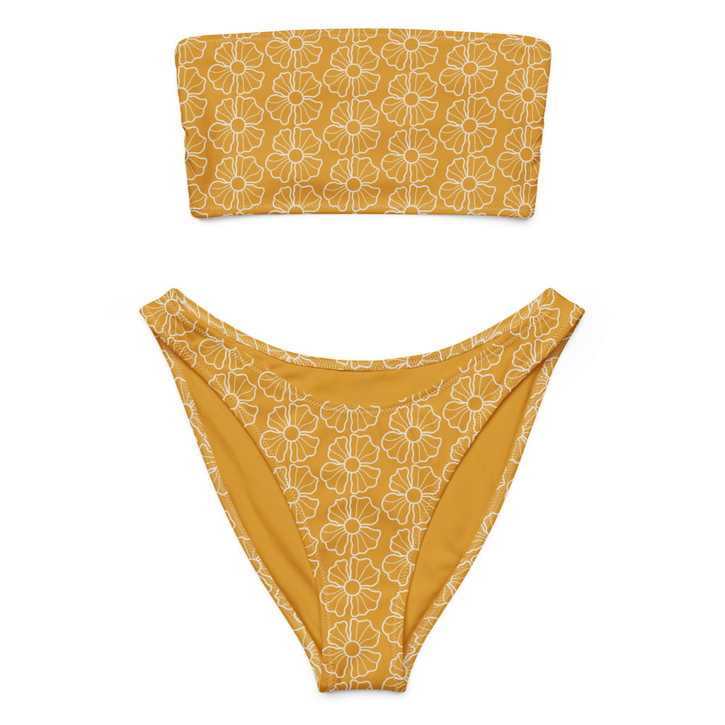 Women’s mustard yellow floral recycled bandeau bikini set with white outline pattern quick drying fabric upf 50+