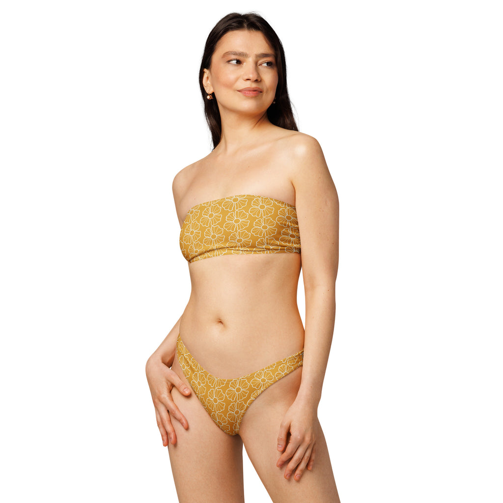 Women’s mustard yellow floral recycled strapless bikini set with quick drying fabric and upf 50 plus protection