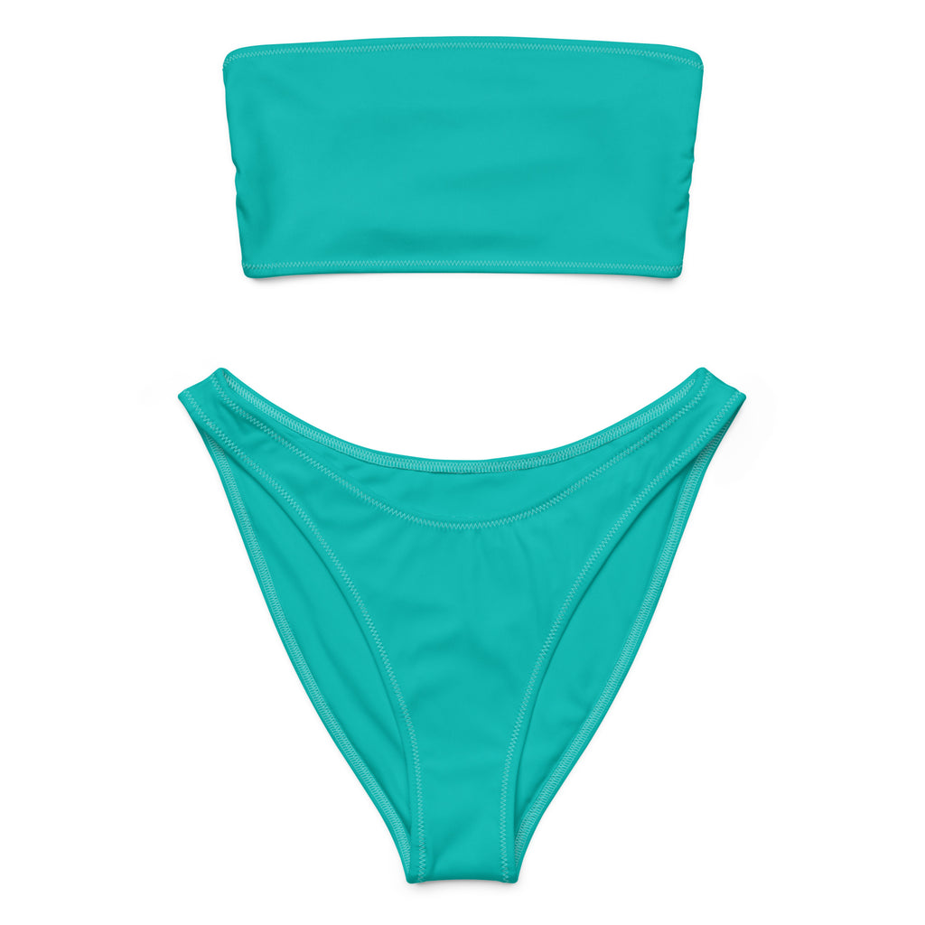 Women’s teal two-piece recycled bandeau bikini set with high-cut bottoms quick drying fabric upf 50+