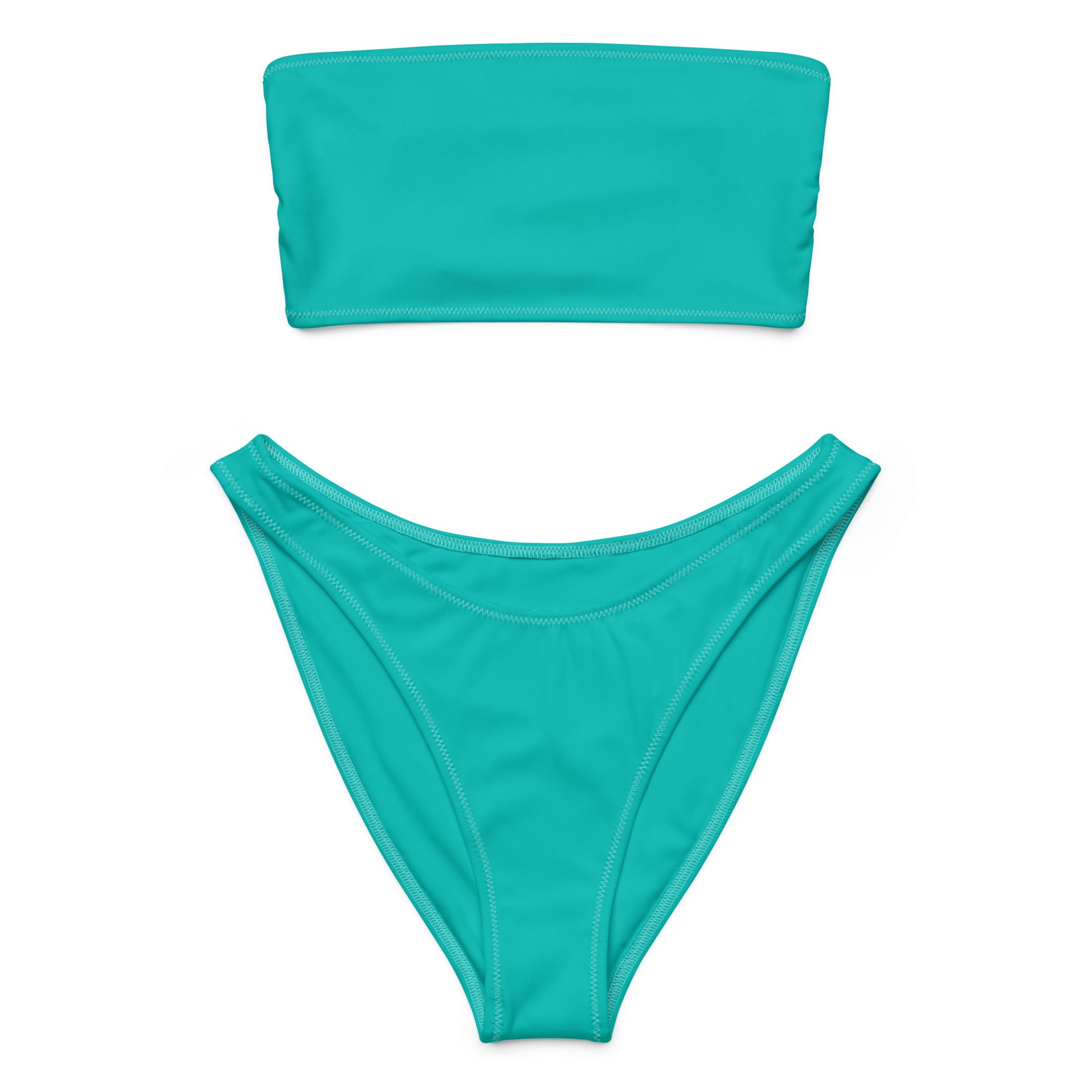 Women’s teal two-piece recycled bandeau bikini set with high-cut bottoms quick drying fabric upf 50+
