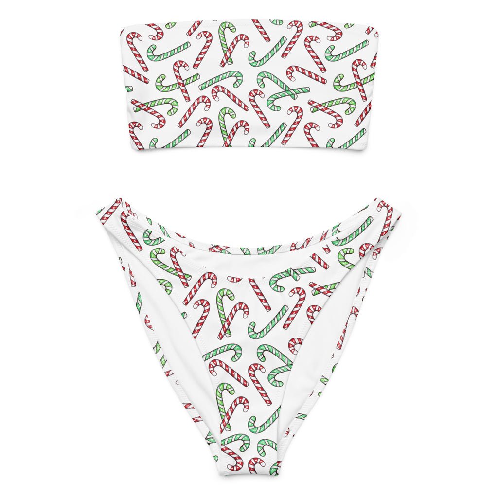 Women's Red & Green Candy Cane Christmas Recycled Bandeau Bikini - Quick Drying Fabric With UPF 50+