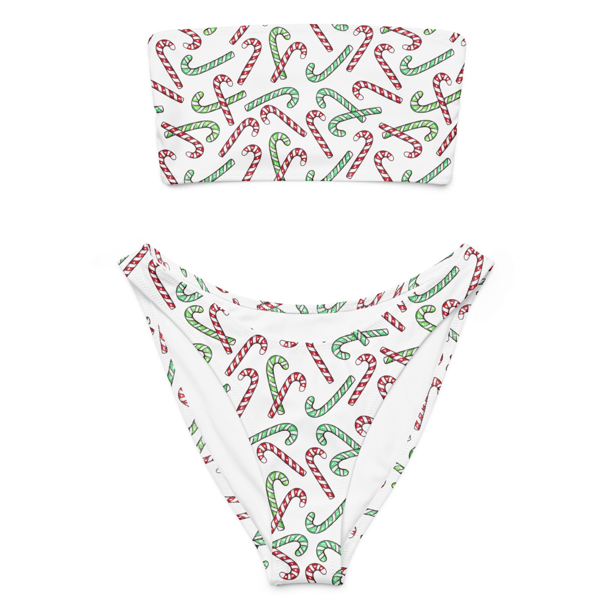 Women's Red & Green Candy Cane Christmas Recycled Bandeau Bikini - Quick Drying Fabric With UPF 50+