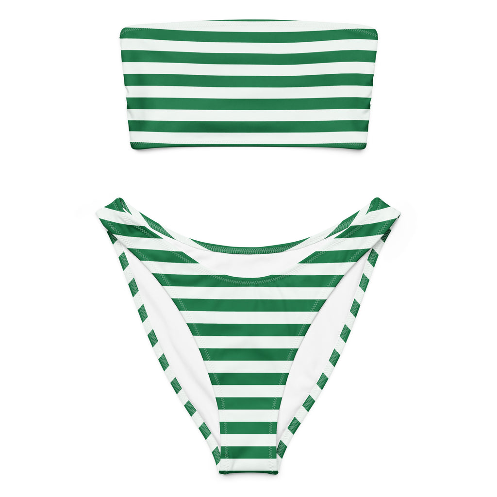 Women's Green & White Striped Christmas Recycled Bandeau Bikini - Quick Drying Fabric With UPF 50+