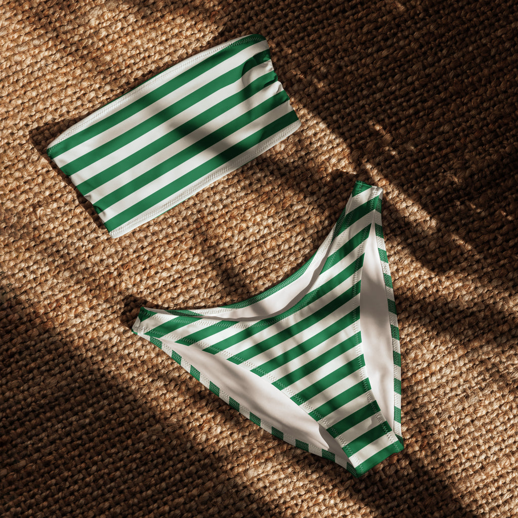 Women's Green & White Striped Christmas Recycled Bandeau Bikini - Quick Drying Fabric With UPF 50+