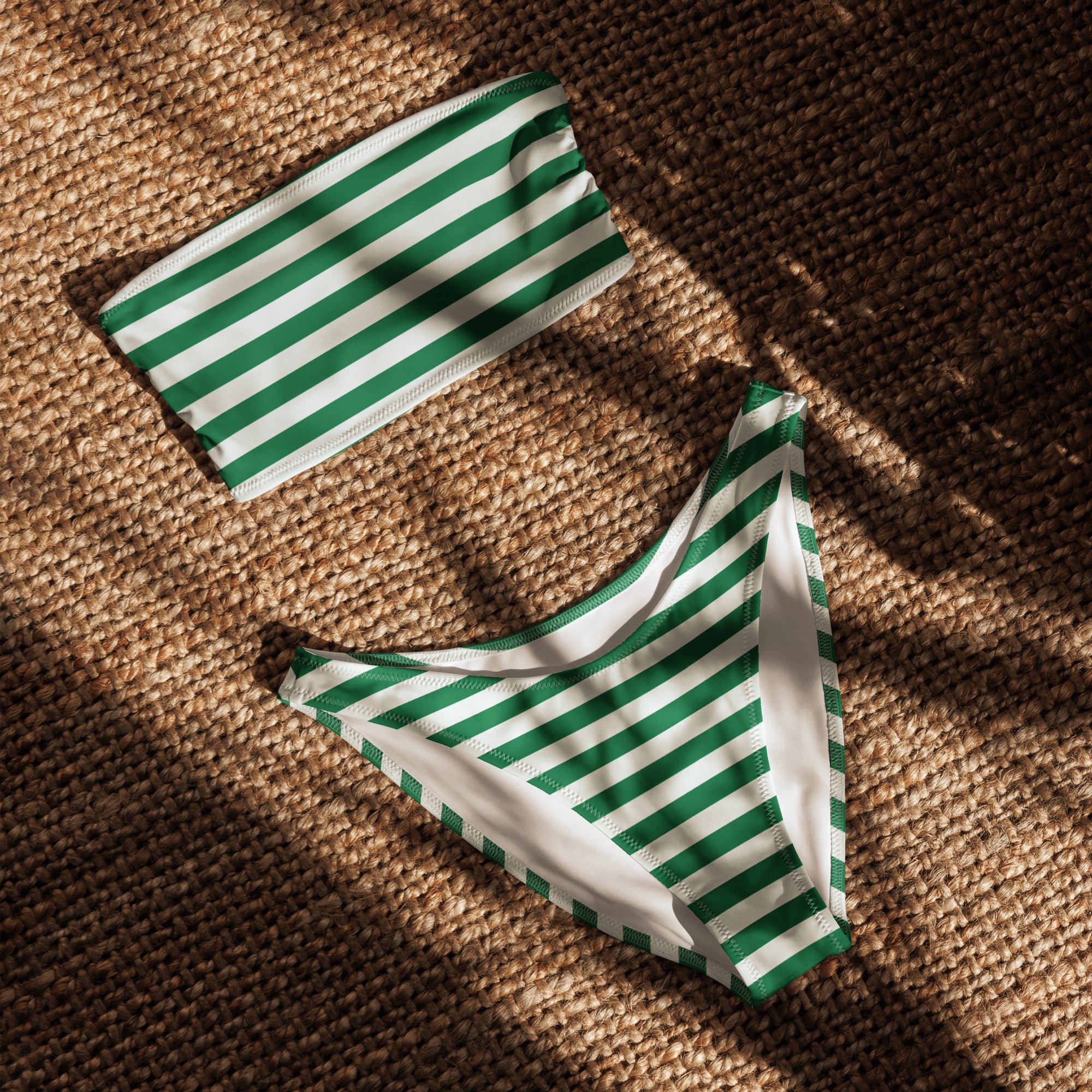 Women's Green & White Striped Christmas Recycled Bandeau Bikini - Quick Drying Fabric With UPF 50+