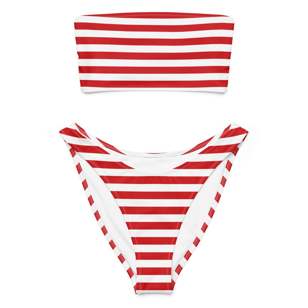 Women's Red & White Striped Christmas Recycled Bandeau Bikini - Quick Drying Fabric With UPF 50+