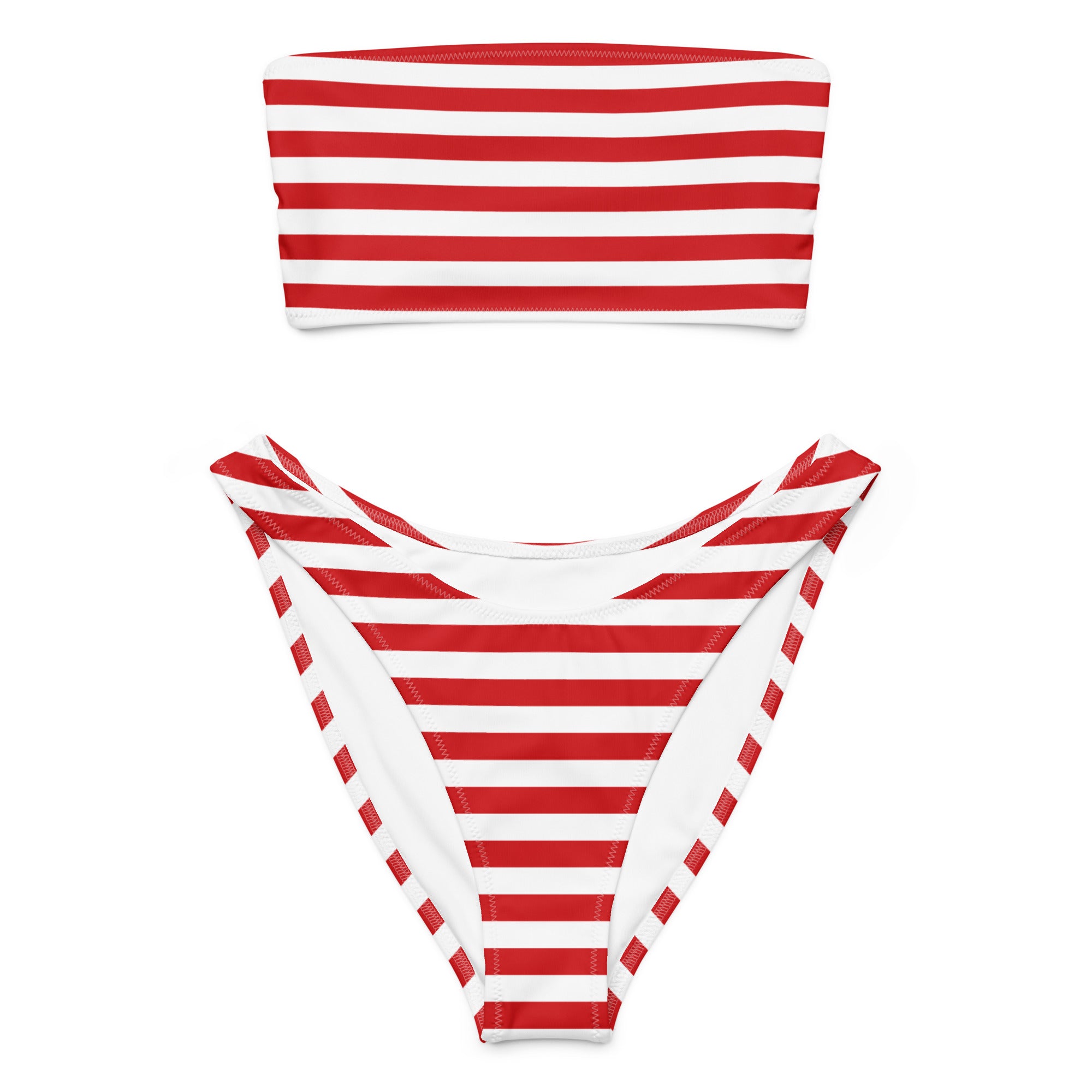 Women's Red & White Striped Christmas Recycled Bandeau Bikini - Quick Drying Fabric With UPF 50+