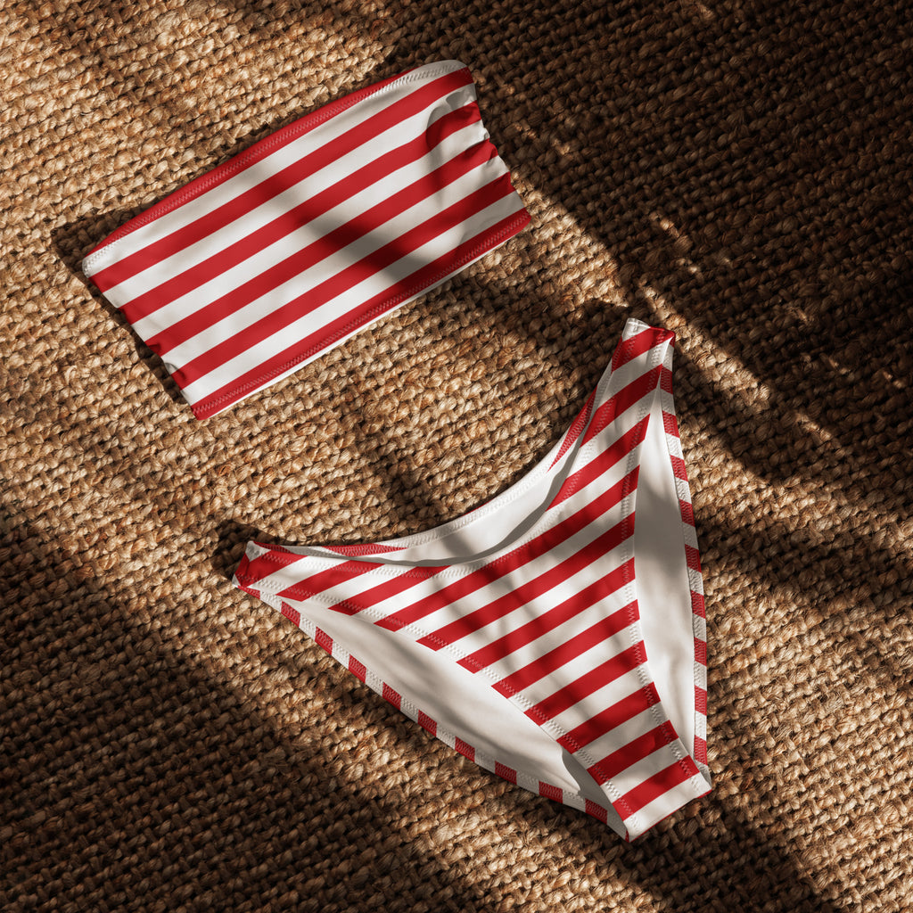 Women's Red & White Striped Christmas Recycled Bandeau Bikini - Quick Drying Fabric With UPF 50+