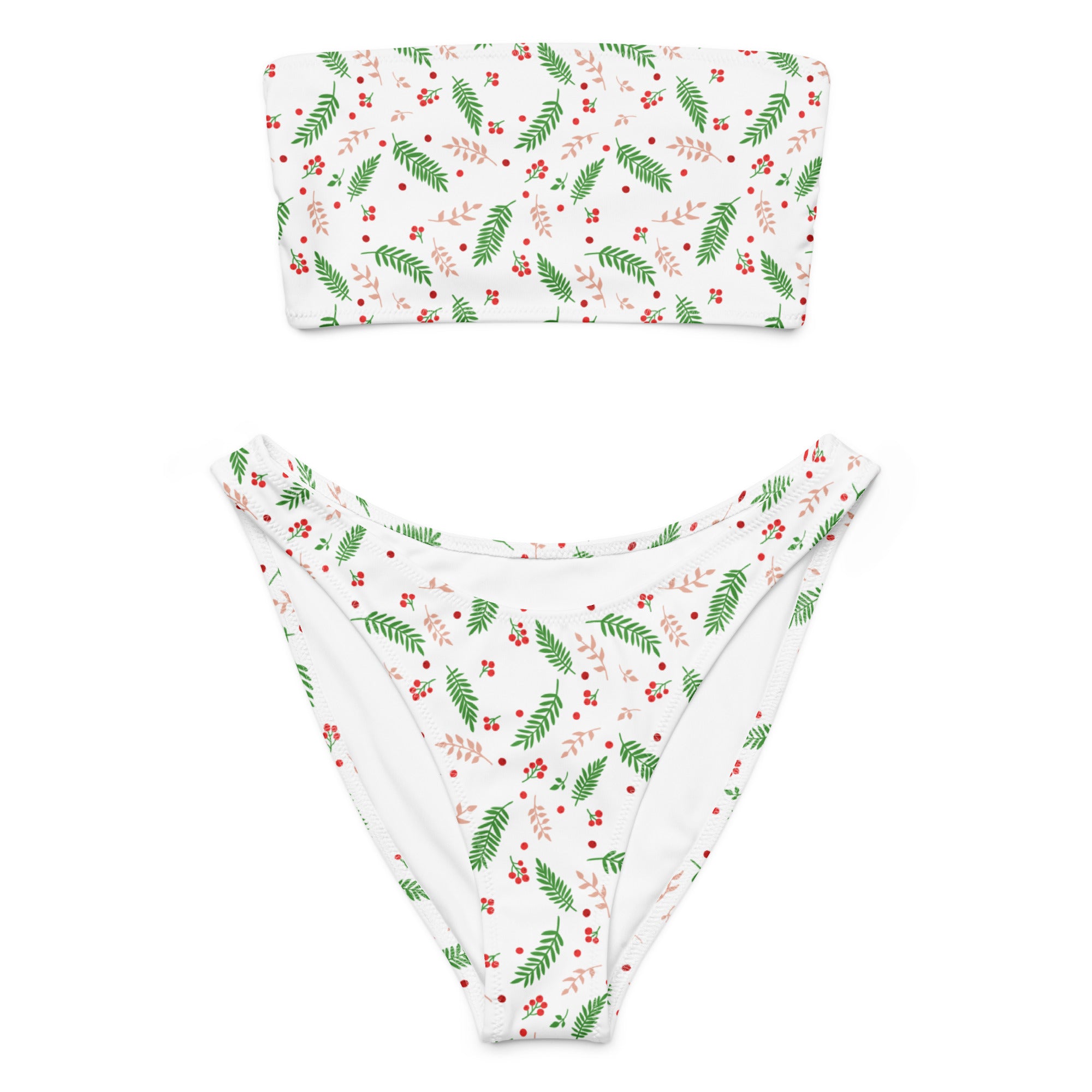 Women's Holly Berry Christmas Recycled Bandeau Bikini - Quick Drying Fabric With UPF 50+