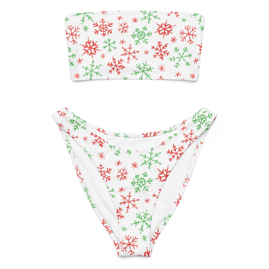 Women's Red & Green Snowflakes Christmas Recycled Bandeau Bikini - Quick Drying Fabric With UPF 50+