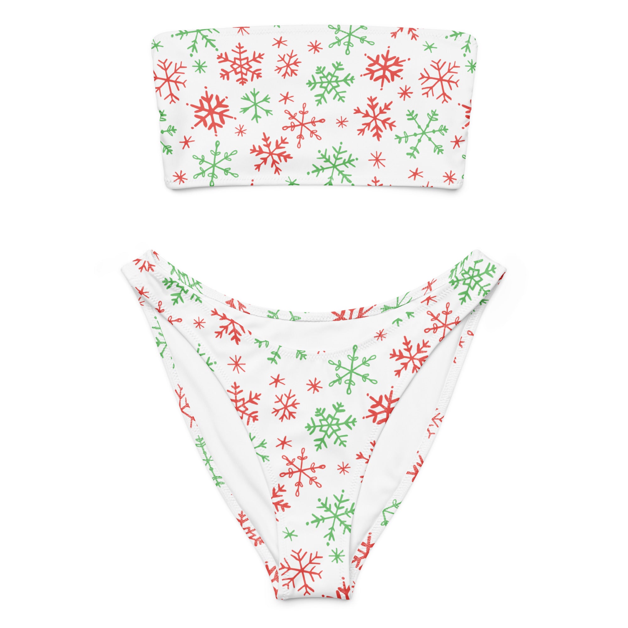 Women's Red & Green Snowflakes Christmas Recycled Bandeau Bikini - Quick Drying Fabric With UPF 50+