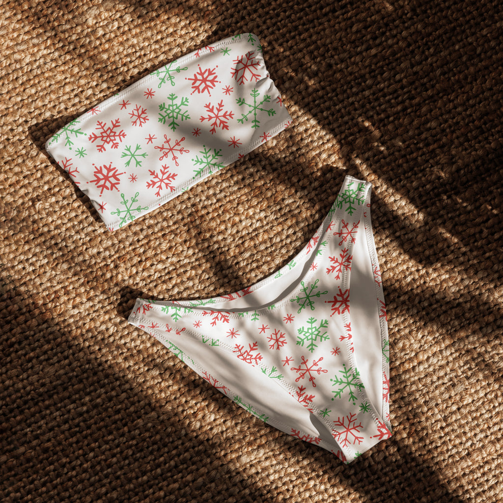 Women's Red & Green Snowflakes Christmas Recycled Bandeau Bikini - Quick Drying Fabric With UPF 50+