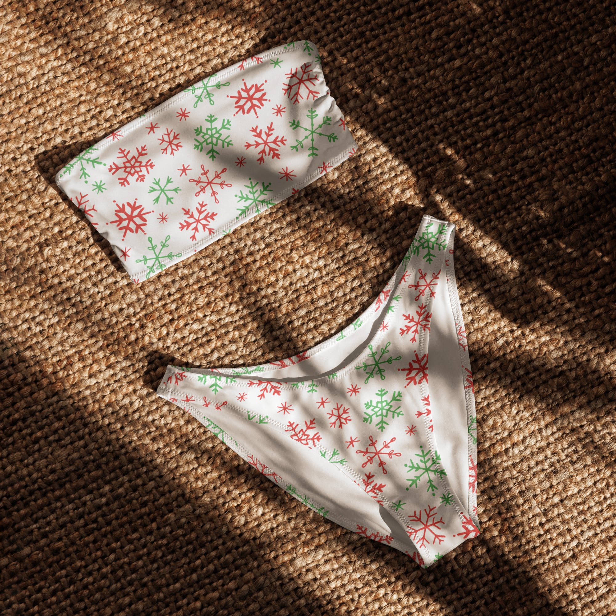 Women's Red & Green Snowflakes Christmas Recycled Bandeau Bikini - Quick Drying Fabric With UPF 50+