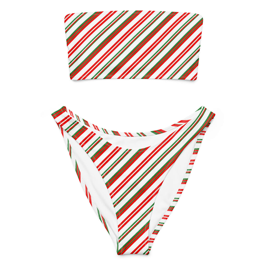 Women's Christmas Stripe Recycled Bandeau Bikini - Quick Drying Fabric With UPF 50+