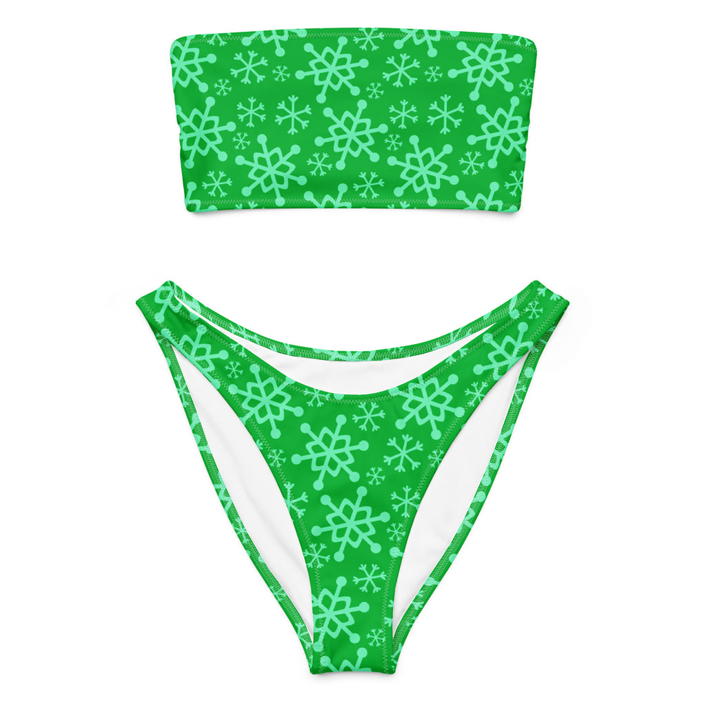 Women's Green Snowflake Recycled Bandeau Bikini - Quick Drying Fabric With UPF 50+