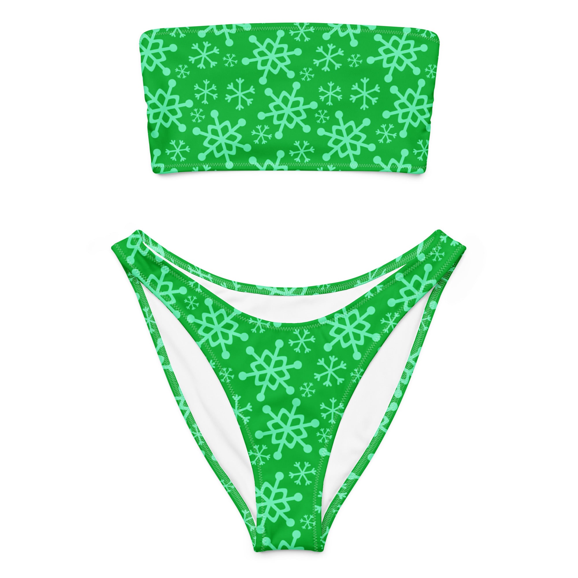 Women's Green Snowflake Recycled Bandeau Bikini - Quick Drying Fabric With UPF 50+