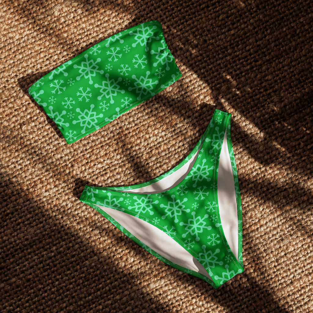 Women's Green Snowflake Recycled Bandeau Bikini - Quick Drying Fabric With UPF 50+
