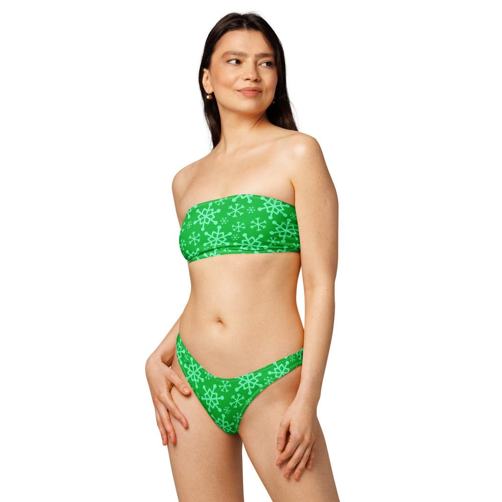 Women's Green Snowflake Recycled Bandeau Bikini - Quick Drying Fabric With UPF 50+