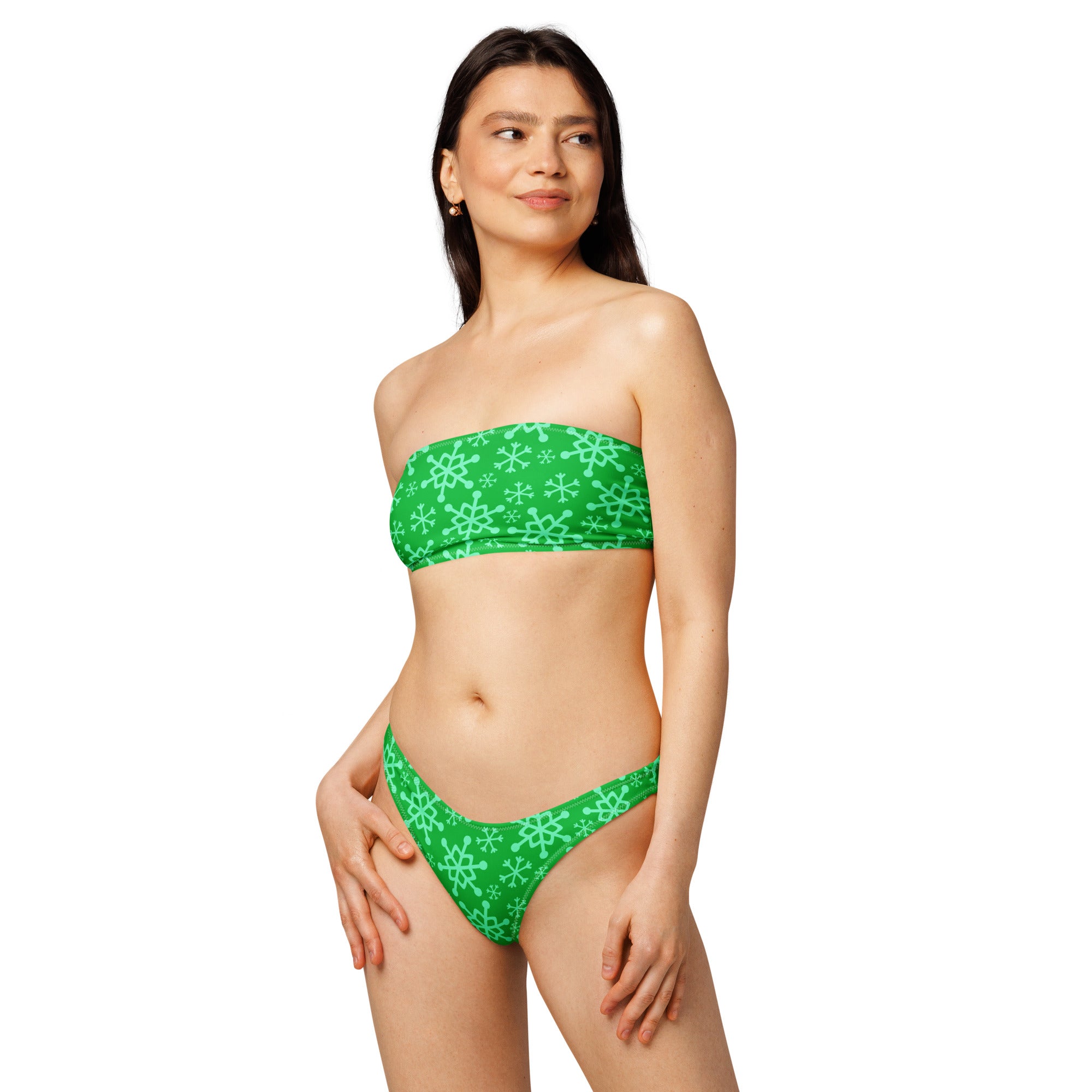 Women's Green Snowflake Recycled Bandeau Bikini - Quick Drying Fabric With UPF 50+