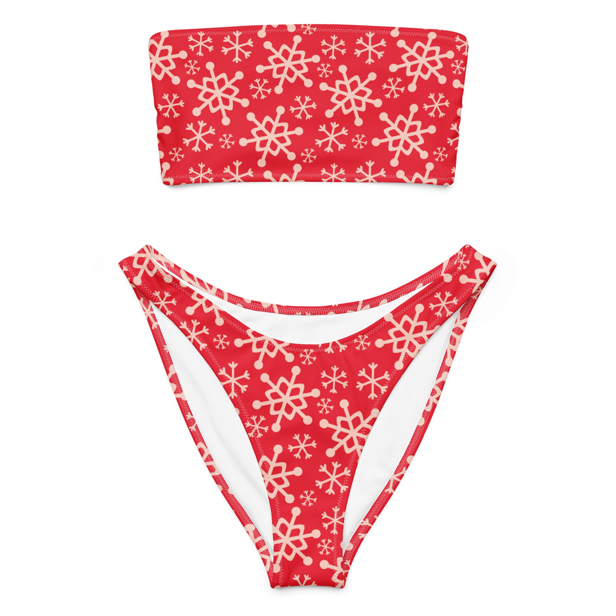 Women's Red Snowflake Recycled Bandeau Bikini - Quick Drying Fabric With UPF 50+