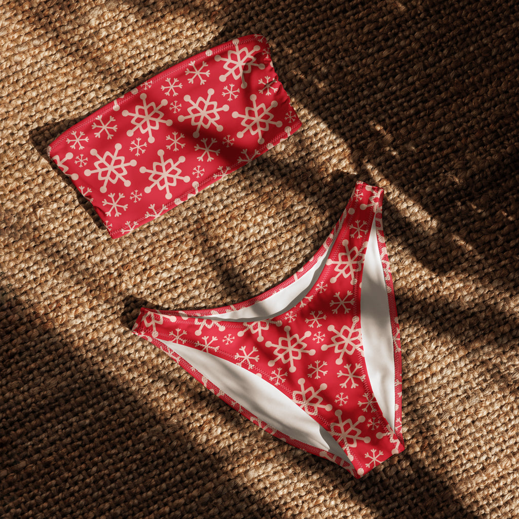 Women's Red Snowflake Recycled Bandeau Bikini - Quick Drying Fabric With UPF 50+