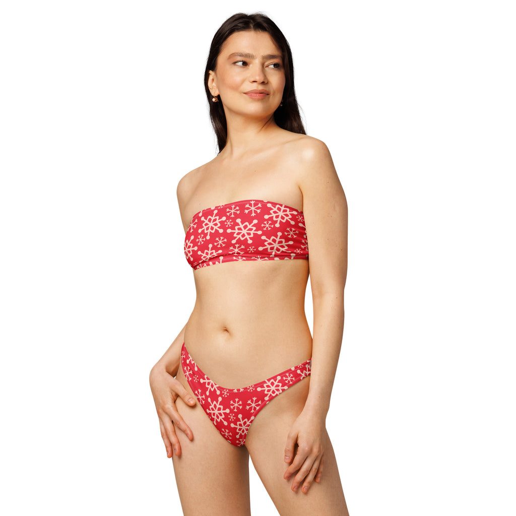 Women's Red Snowflake Recycled Bandeau Bikini - Quick Drying Fabric With UPF 50+