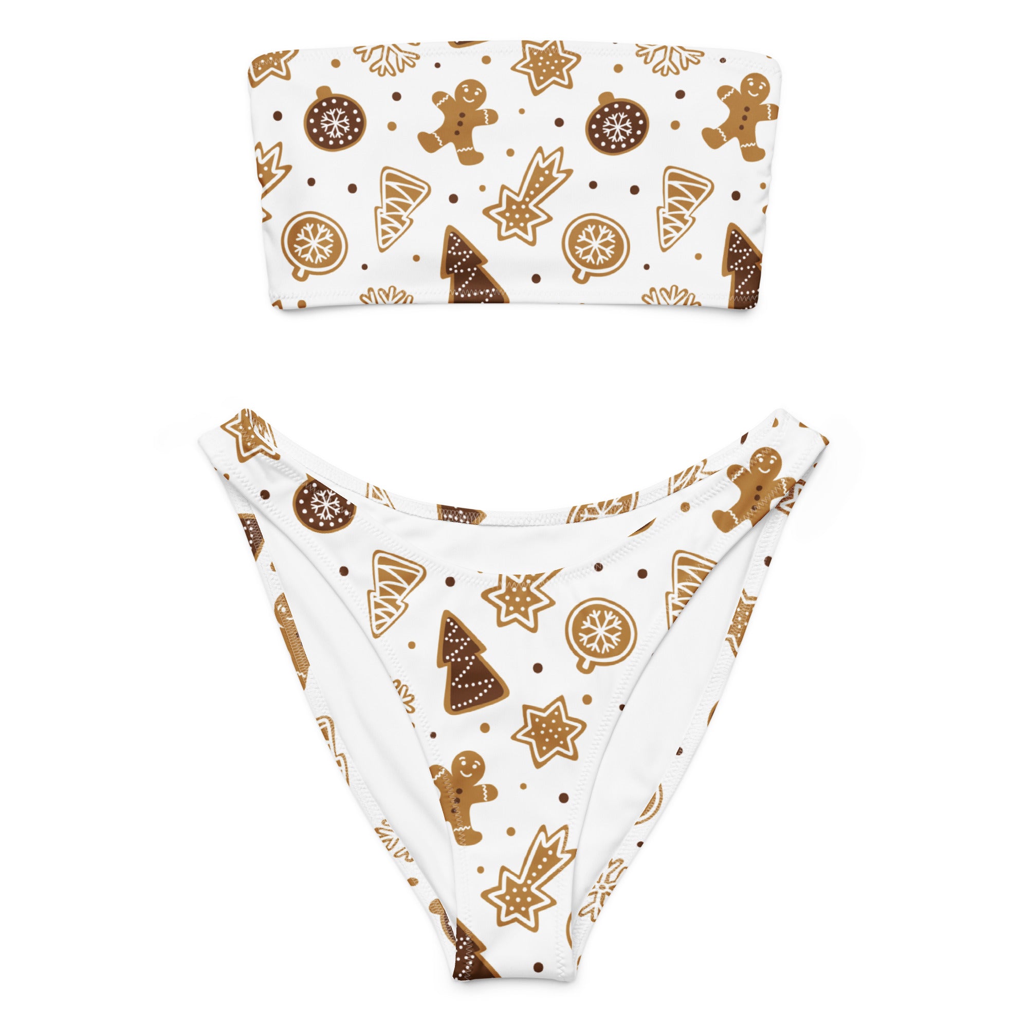 White bandeau bikini with high waisted bottoms in recycled quick drying fabric featuring festive gingerbread print and upf 50+