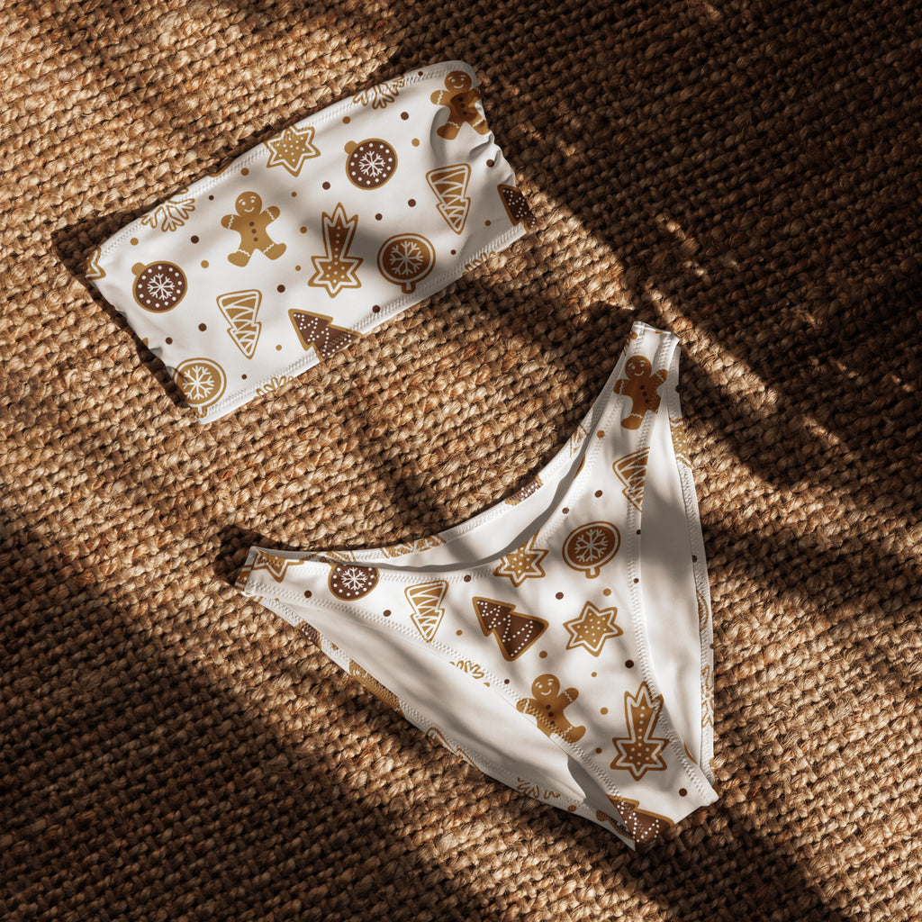 White bikini set with brown gingerbread man star and christmas tree patterns made from quick drying upf 50+ fabric