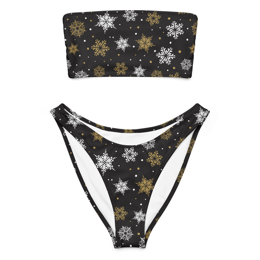 Women's White & Gold Snowflakes Recycled Bandeau Bikini - Quick Drying Fabric With UPF 50+
