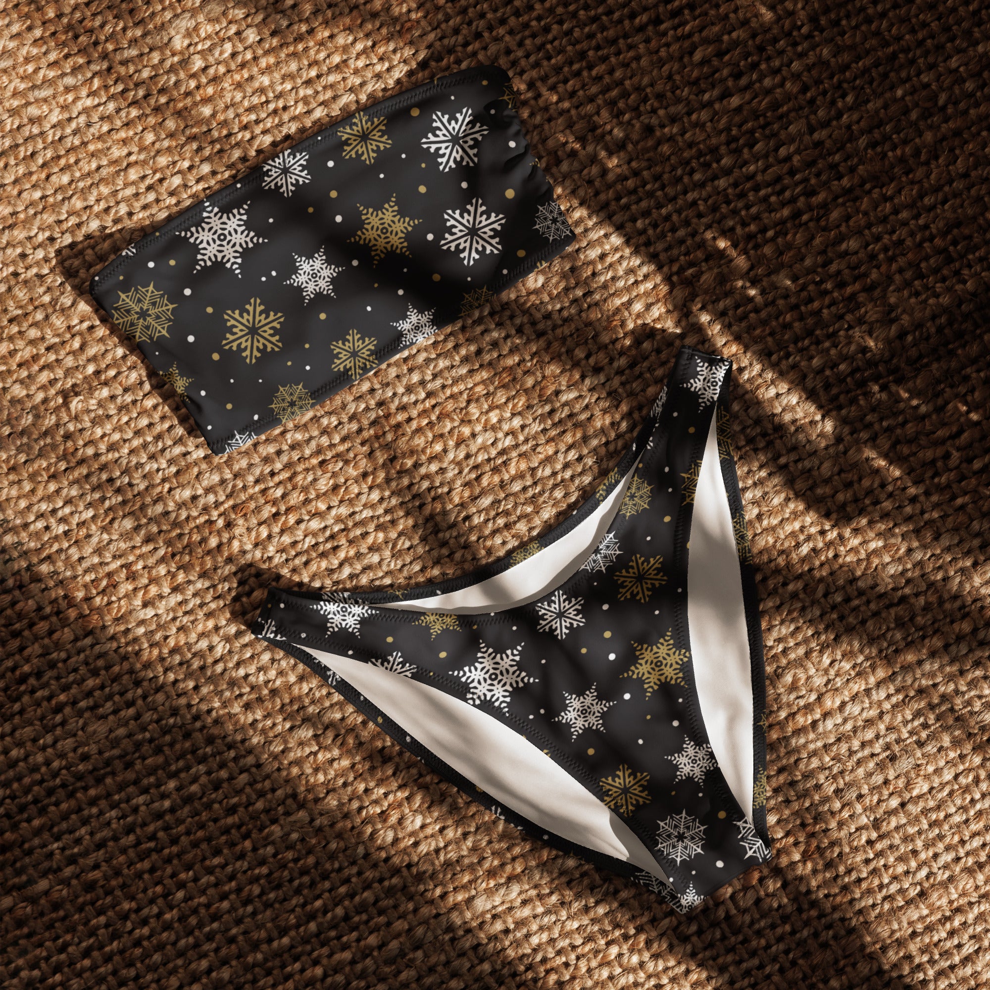 Women's White & Gold Snowflakes Recycled Bandeau Bikini - Quick Drying Fabric With UPF 50+