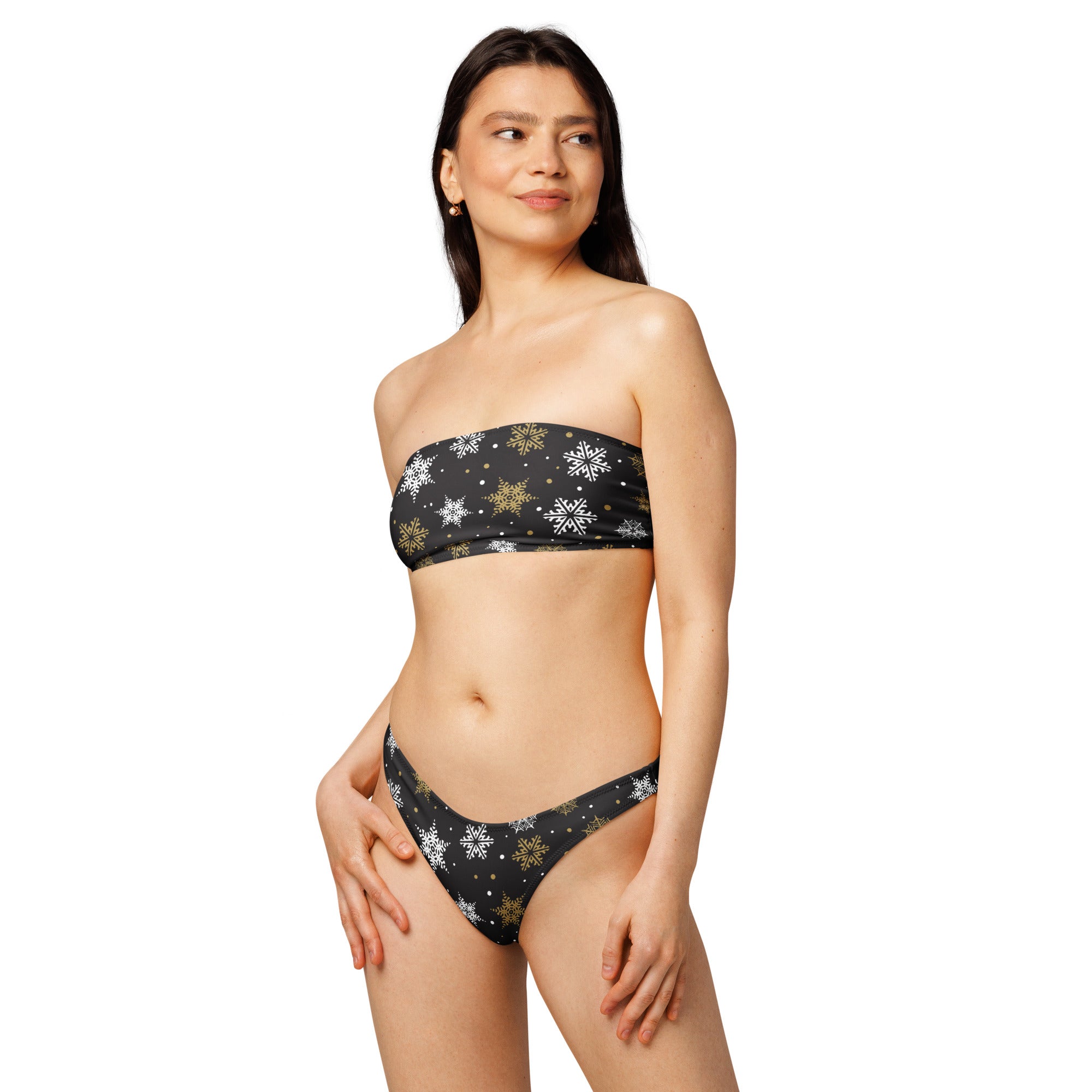 Women's White & Gold Snowflakes Recycled Bandeau Bikini - Quick Drying Fabric With UPF 50+