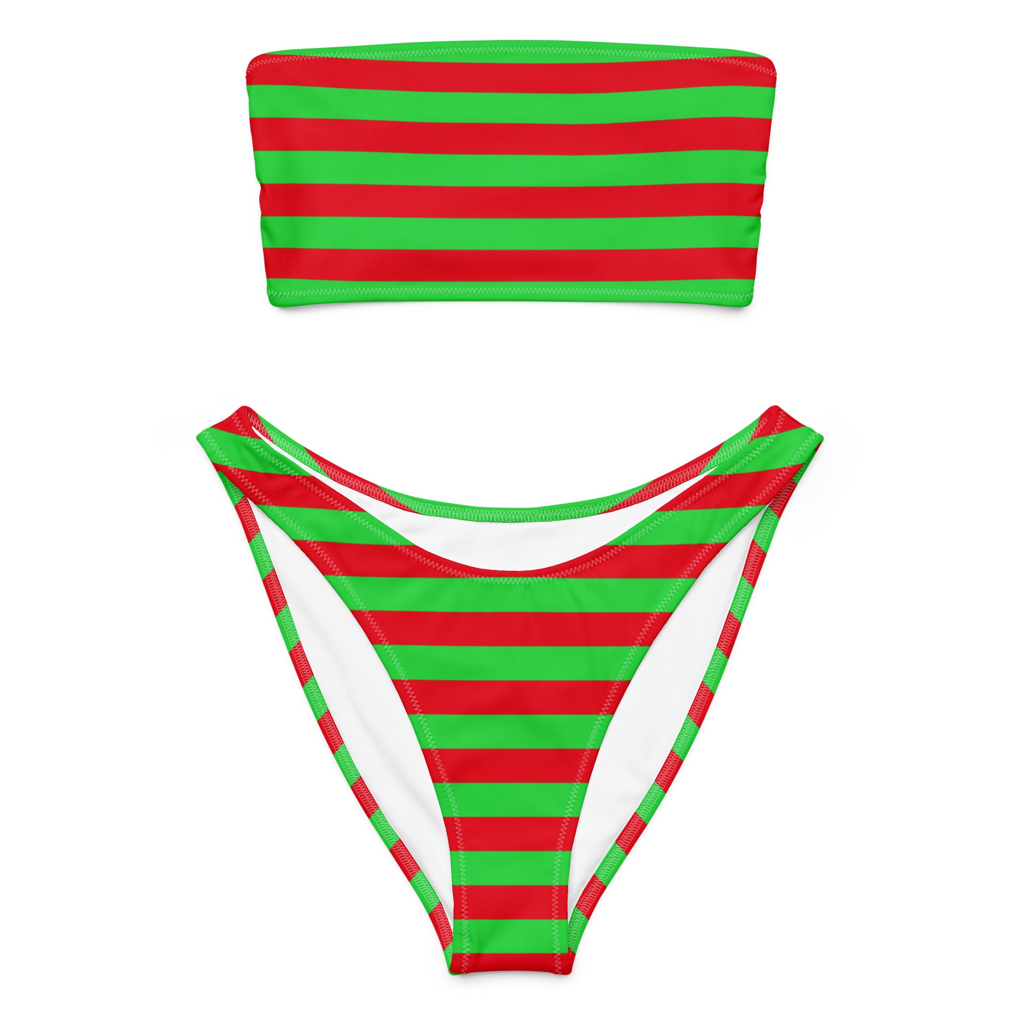 Women's Red & Green Striped Christmas Recycled Bandeau Bikini - Quick Drying Fabric With UPF 50+
