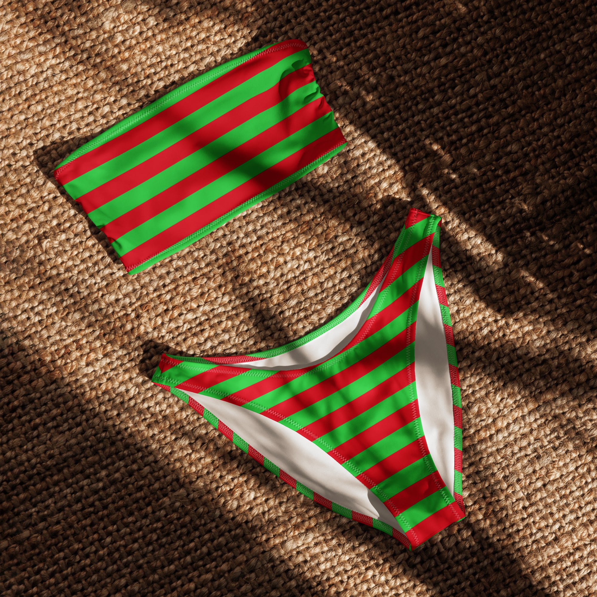 Women's Red & Green Striped Christmas Recycled Bandeau Bikini - Quick Drying Fabric With UPF 50+
