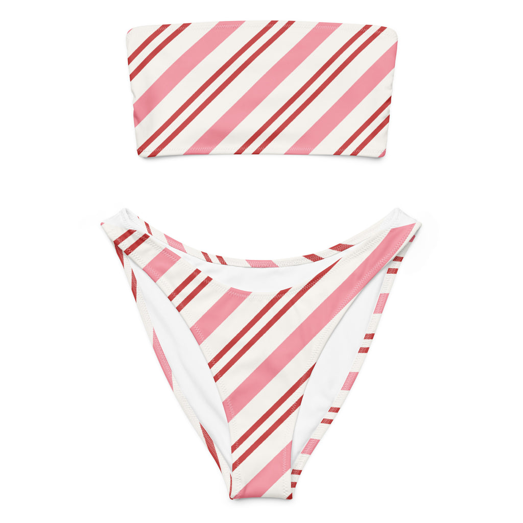 Women's Pink Striped Christmas Recycled Bandeau Bikini - Quick Drying Fabric With UPF 50+