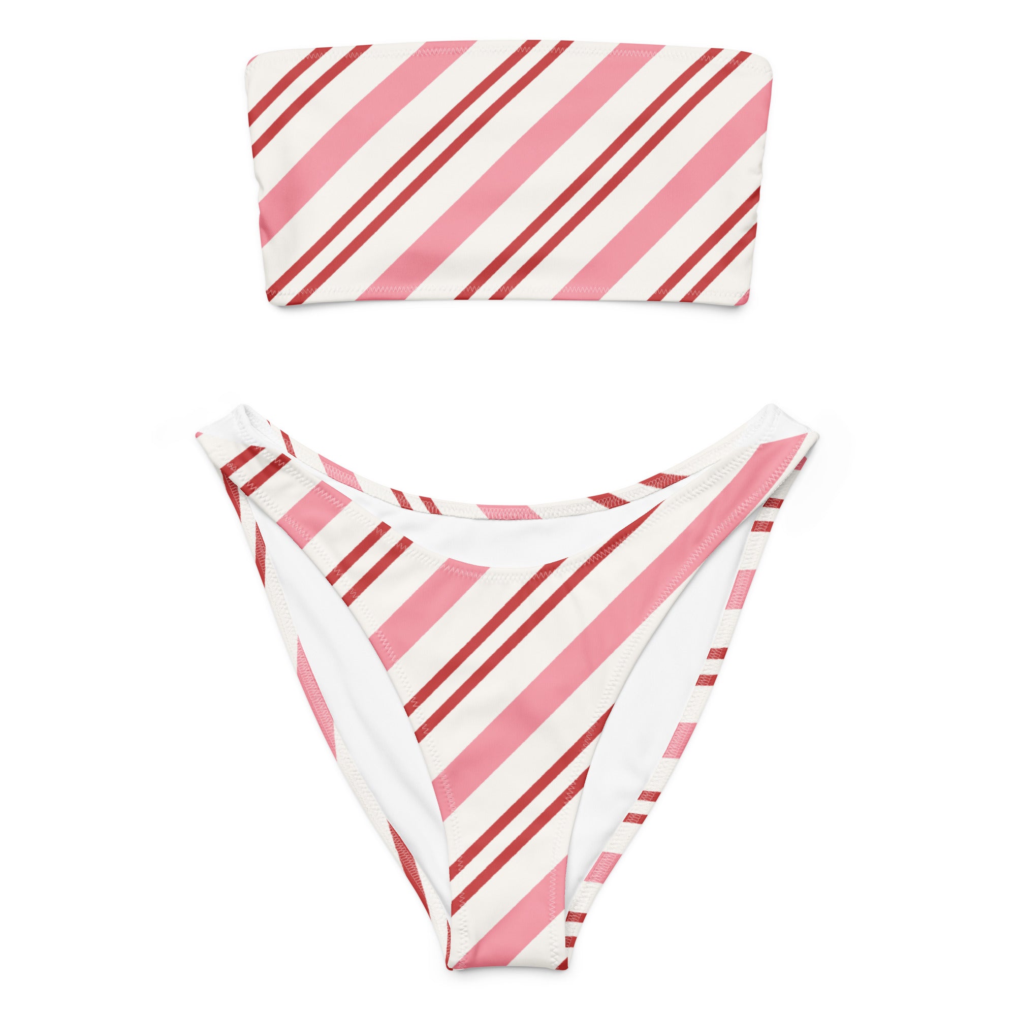 Women's Pink Striped Christmas Recycled Bandeau Bikini - Quick Drying Fabric With UPF 50+