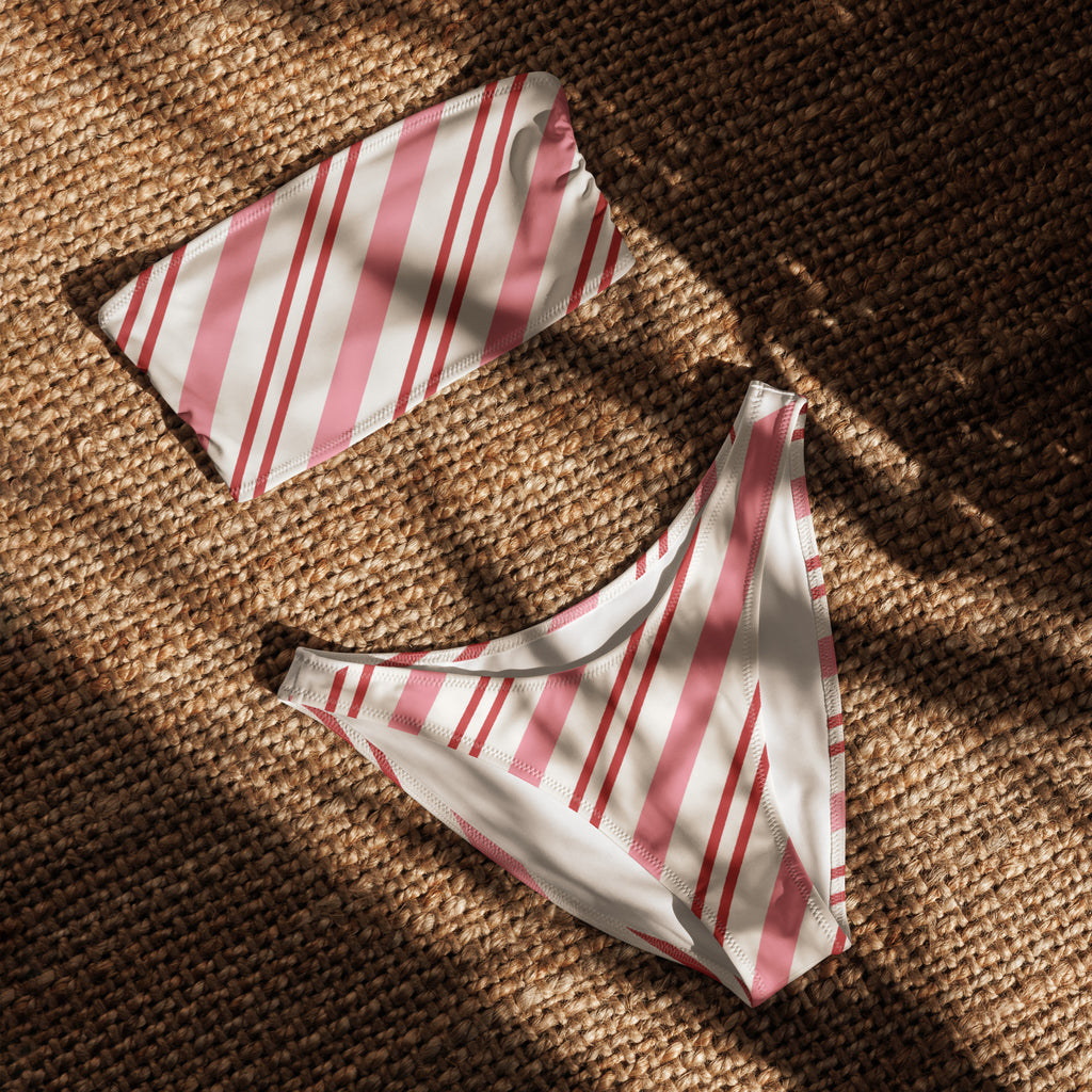 Women's Pink Striped Christmas Recycled Bandeau Bikini - Quick Drying Fabric With UPF 50+