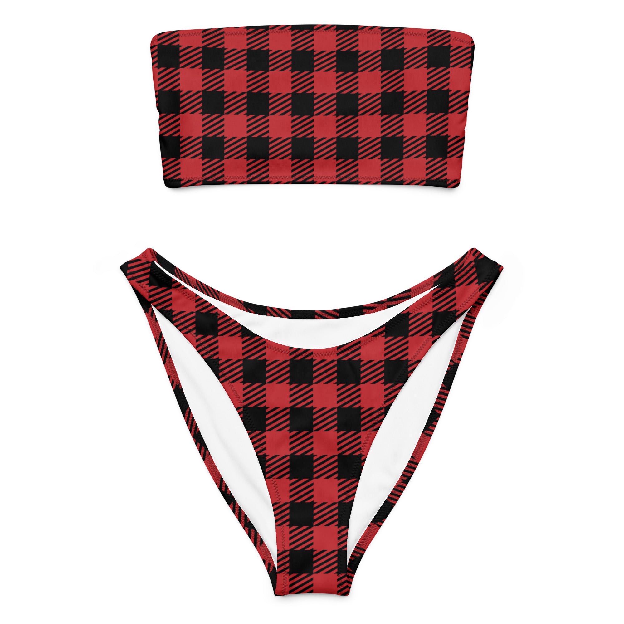 Women's Red Buffalo Plaid Recycled Bandeau Bikini - Quick Drying Fabric With UPF 50+