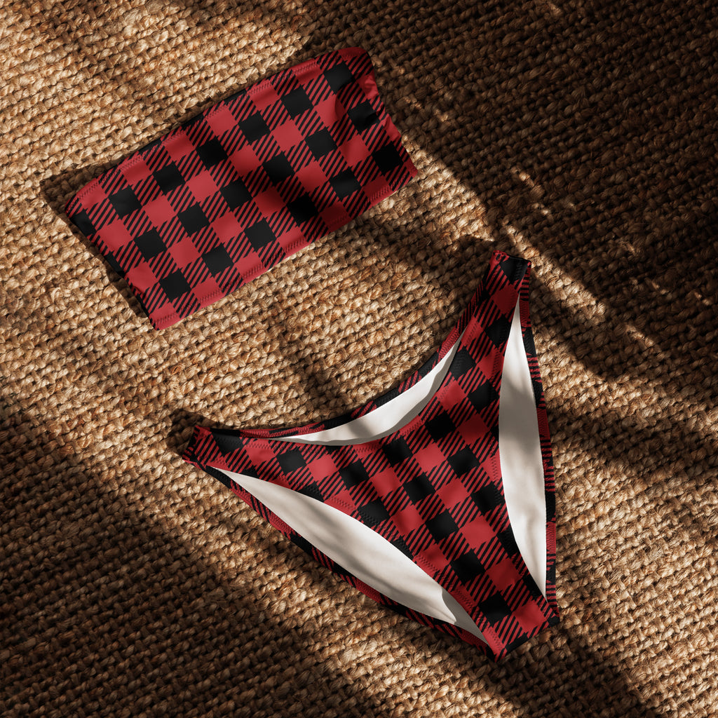 Women's Red Buffalo Plaid Recycled Bandeau Bikini - Quick Drying Fabric With UPF 50+