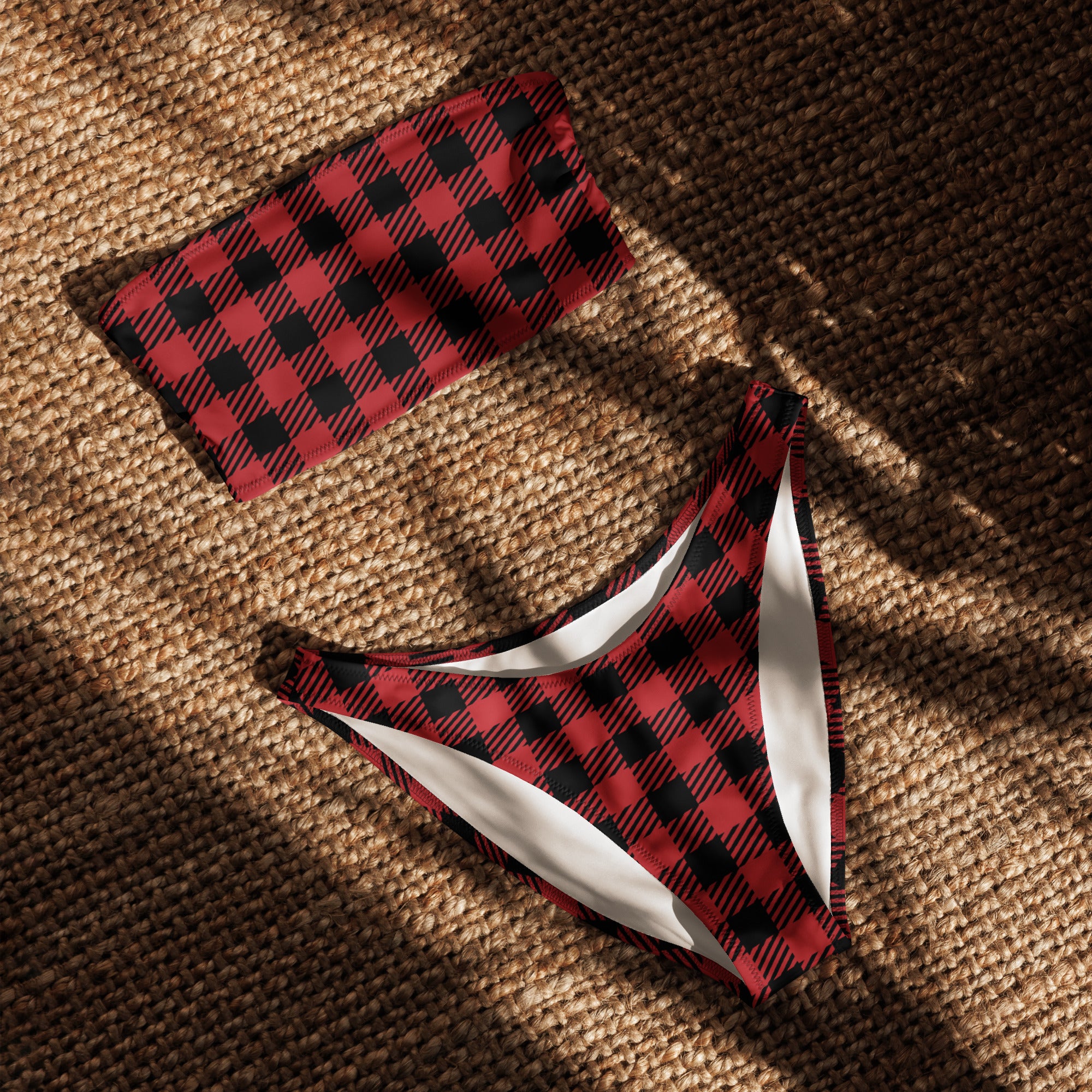 Women's Red Buffalo Plaid Recycled Bandeau Bikini - Quick Drying Fabric With UPF 50+