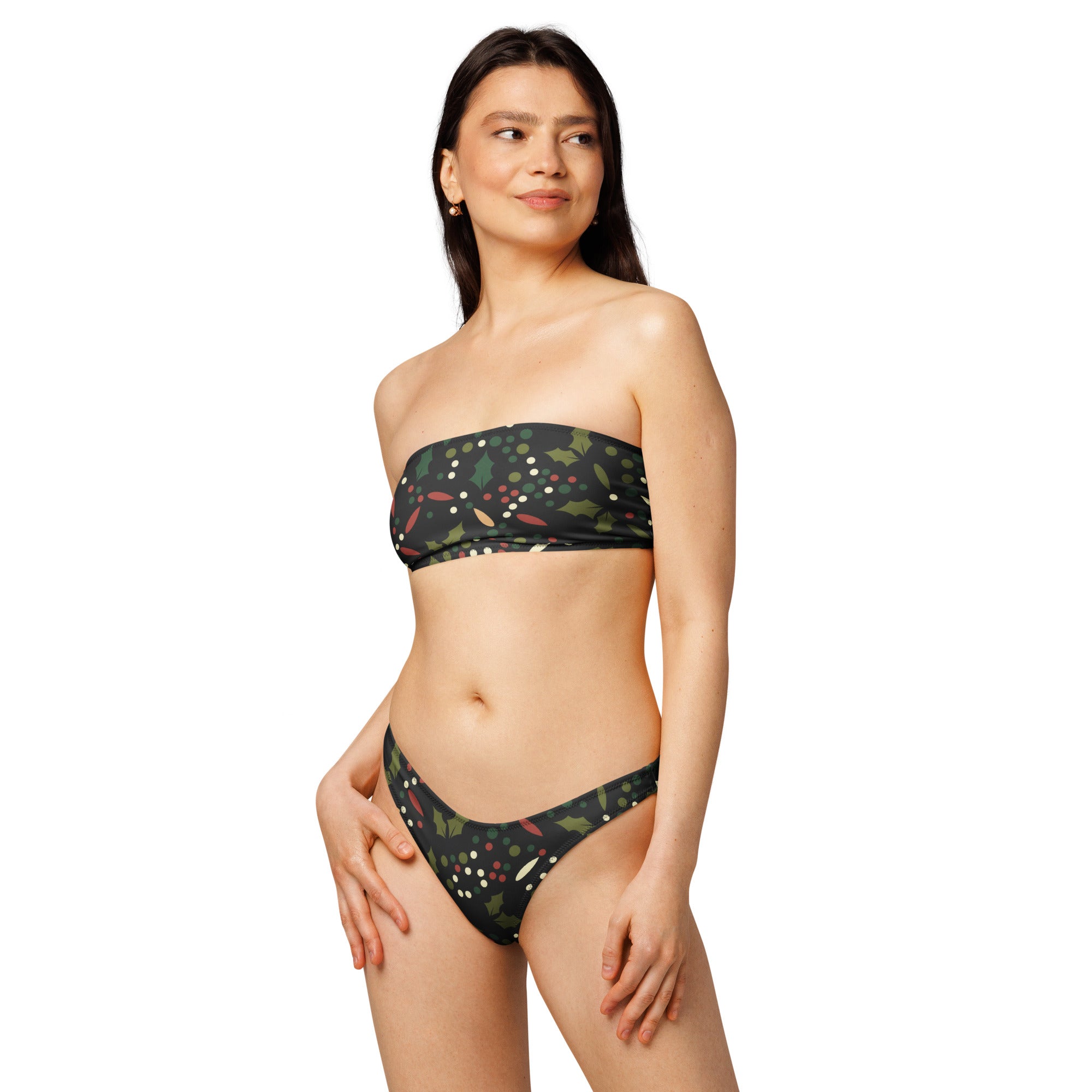 Women's Dark Holly & Berries Recycled Bandeau Bikini - Quick Drying Fabric With UPF 50+