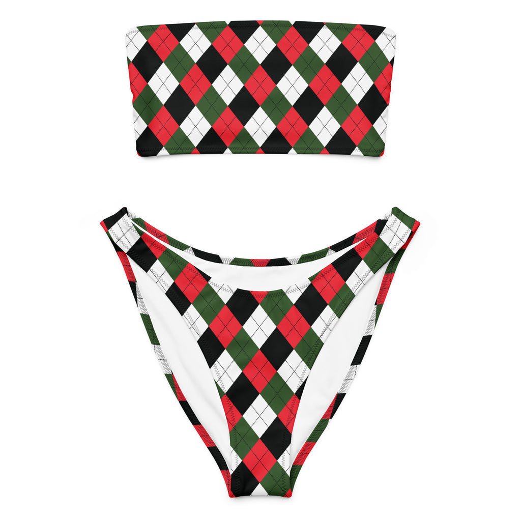 Women's Christmas Argyle Recycled Bandeau Bikini - Quick Drying Fabric With UPF 50+