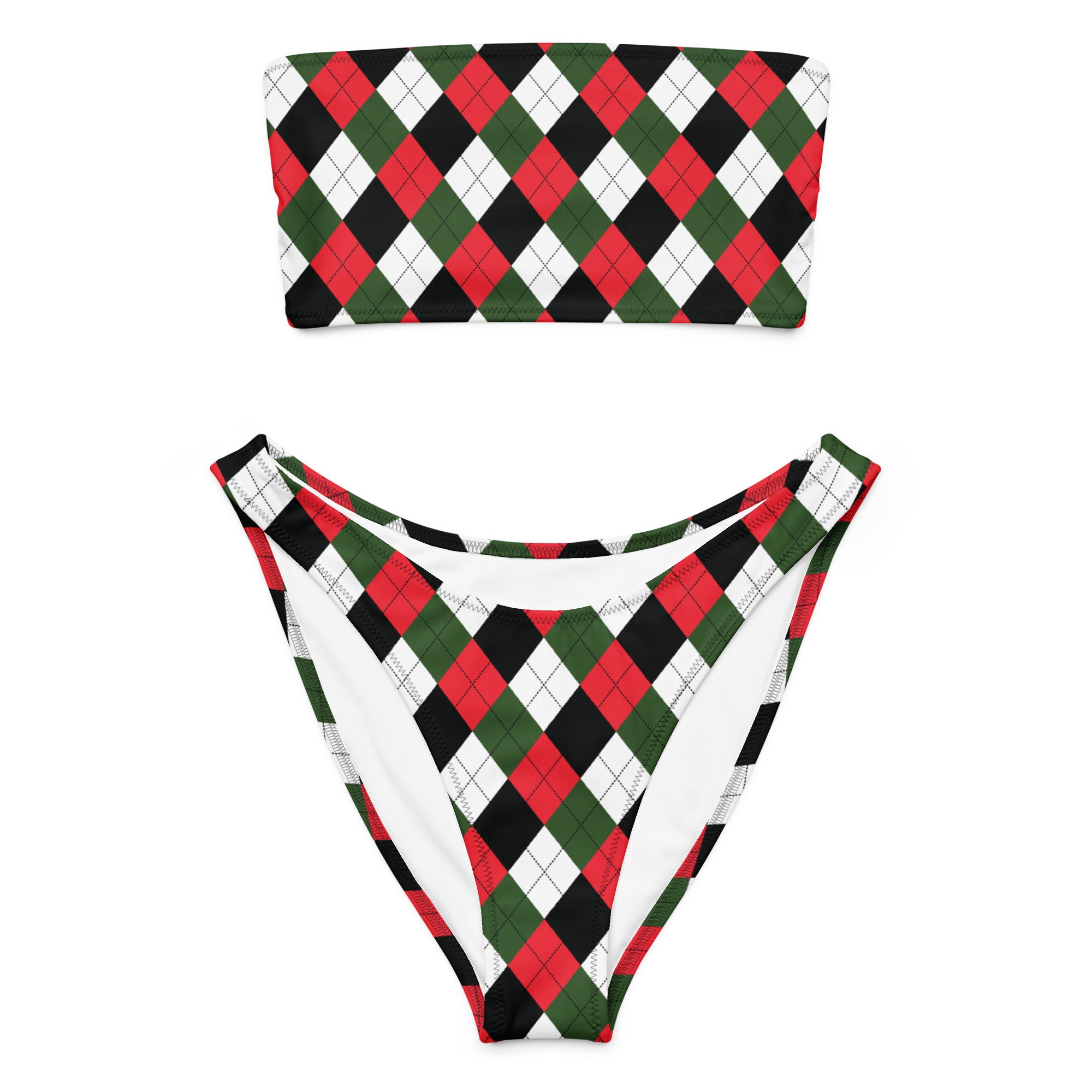 Women's Christmas Argyle Recycled Bandeau Bikini - Quick Drying Fabric With UPF 50+