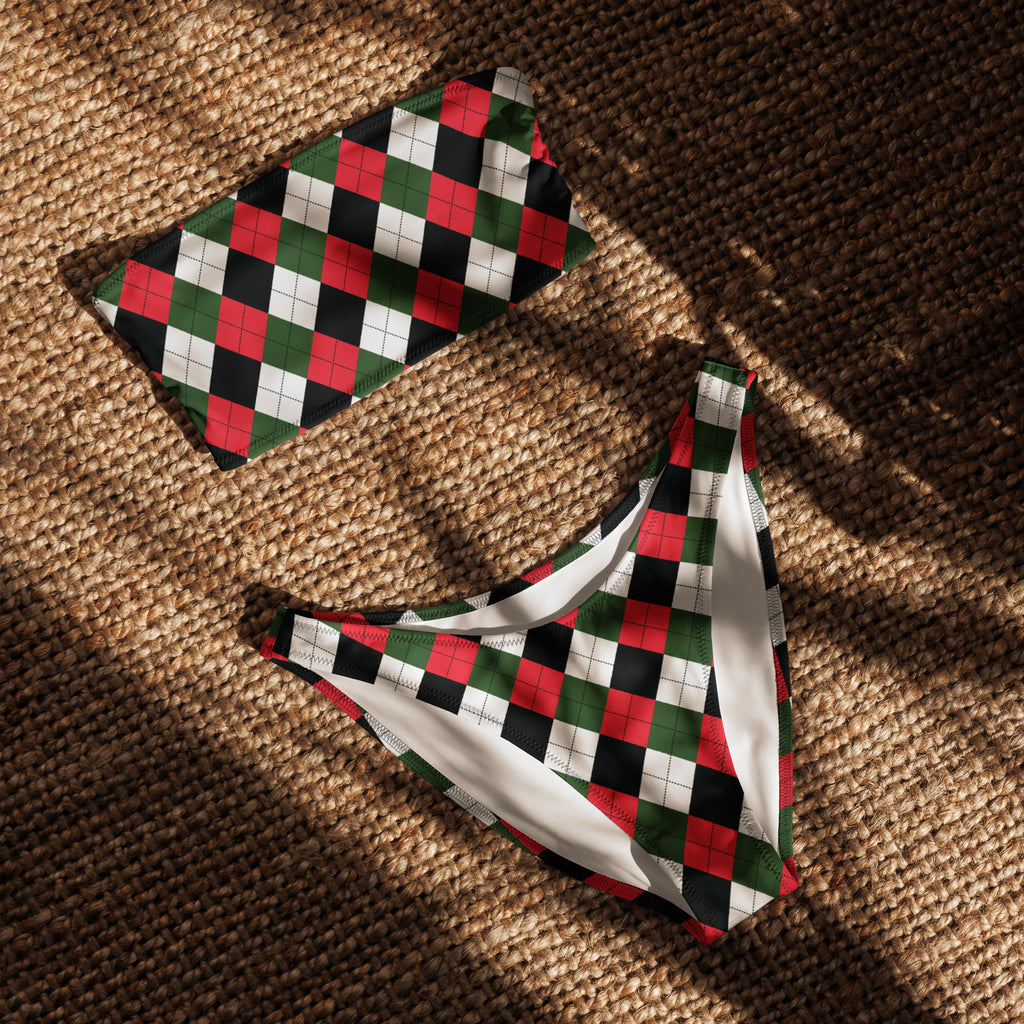 Women's Christmas Argyle Recycled Bandeau Bikini - Quick Drying Fabric With UPF 50+